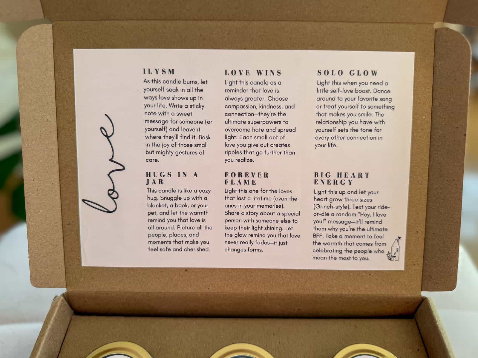 Love-themed affirmation and activity card included in the Love Candle Mood Box.